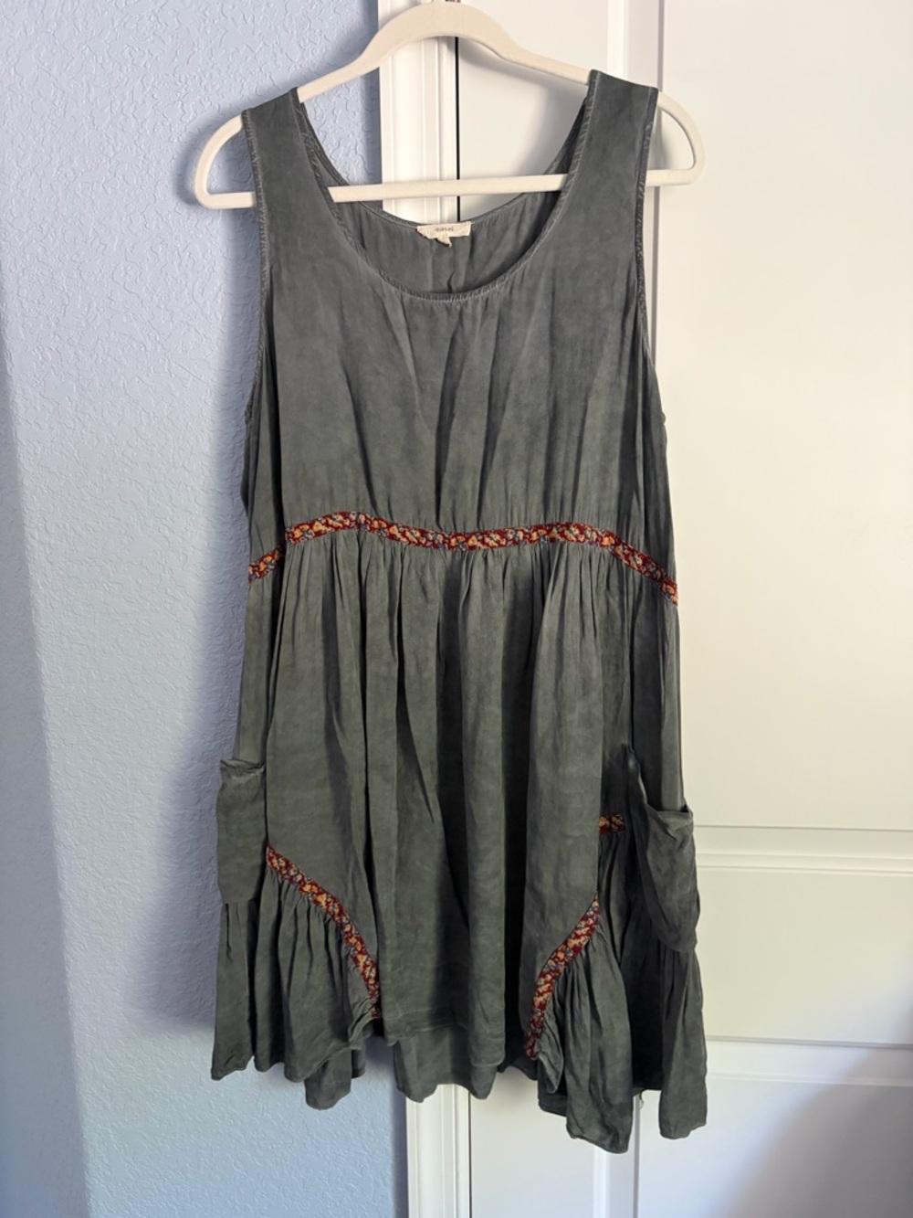 easel Gray Tiered Sleeveless Dress with Embroidered Trim